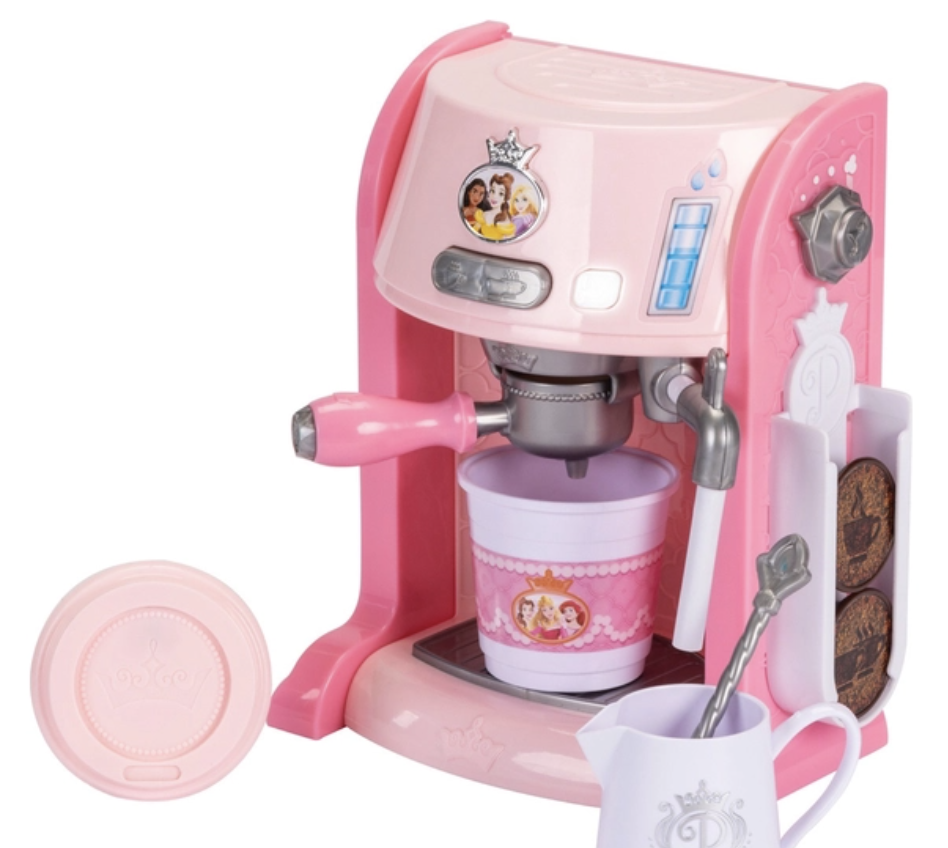 Disney toy espresso machine with realistic brewing sounds – perfect gift for kids who love stylish pretend kitchen play.