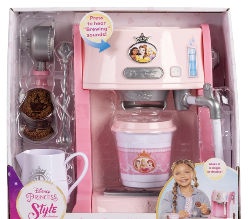 Disney Style Collection Espresso Machine – A chic pink and gold toy coffee maker for kids, designed for realistic pretend play with a Disney Princess aesthetic.