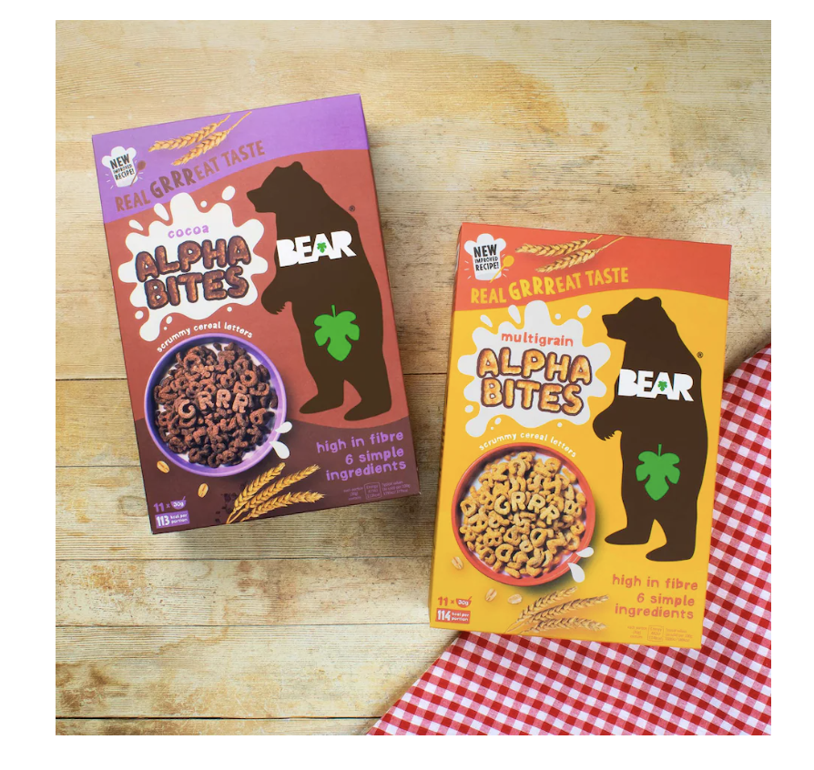 BEAR Cocoa Alpha Bites and Multigrain Alpha Bites cereal packaging side by side.