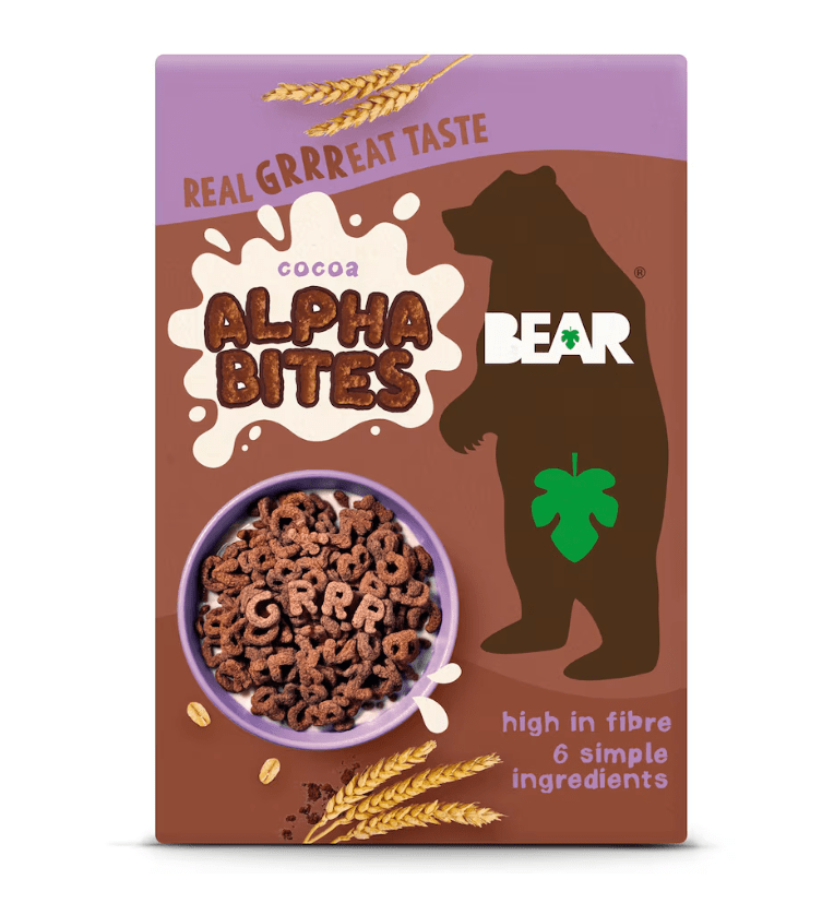 BEAR Cocoa Alpha Bites cereal packaging featuring a bear and letter-shaped cereal pieces.