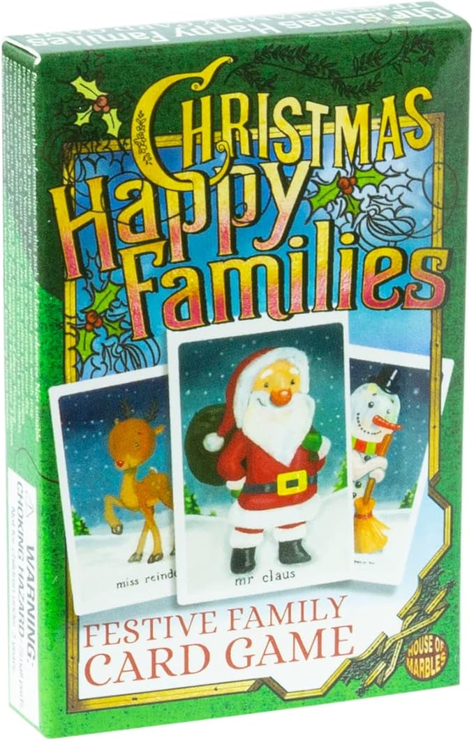 The Christmas Happy Families card game box with festive character illustrations.