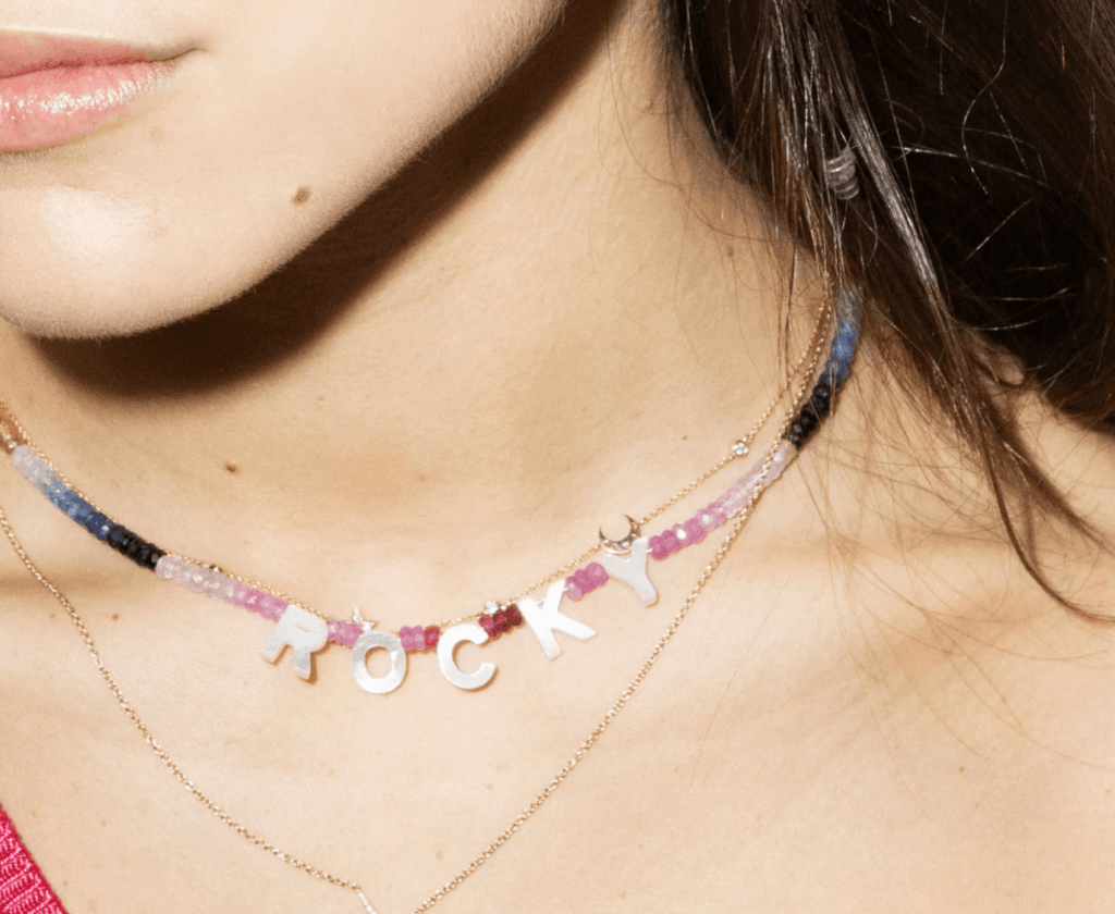 Roxanne First beaded pearl necklace with letter charms.