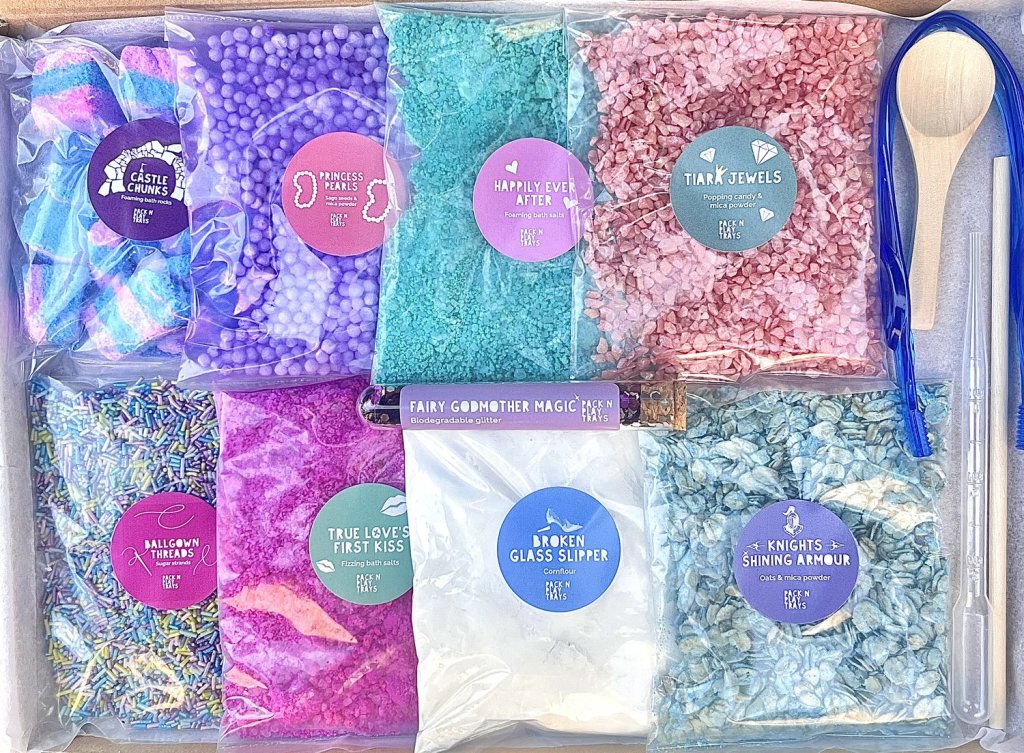 A detailed look at the shimmering and colorful sensory ingredients inside the Princess Potion Kit.