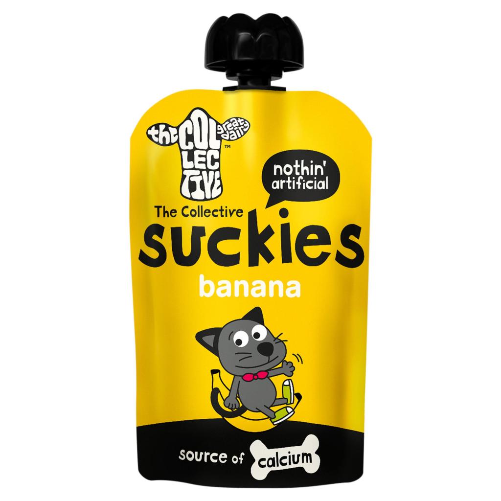 A close-up of The Collective Suckies Banana Yogurt packaging.